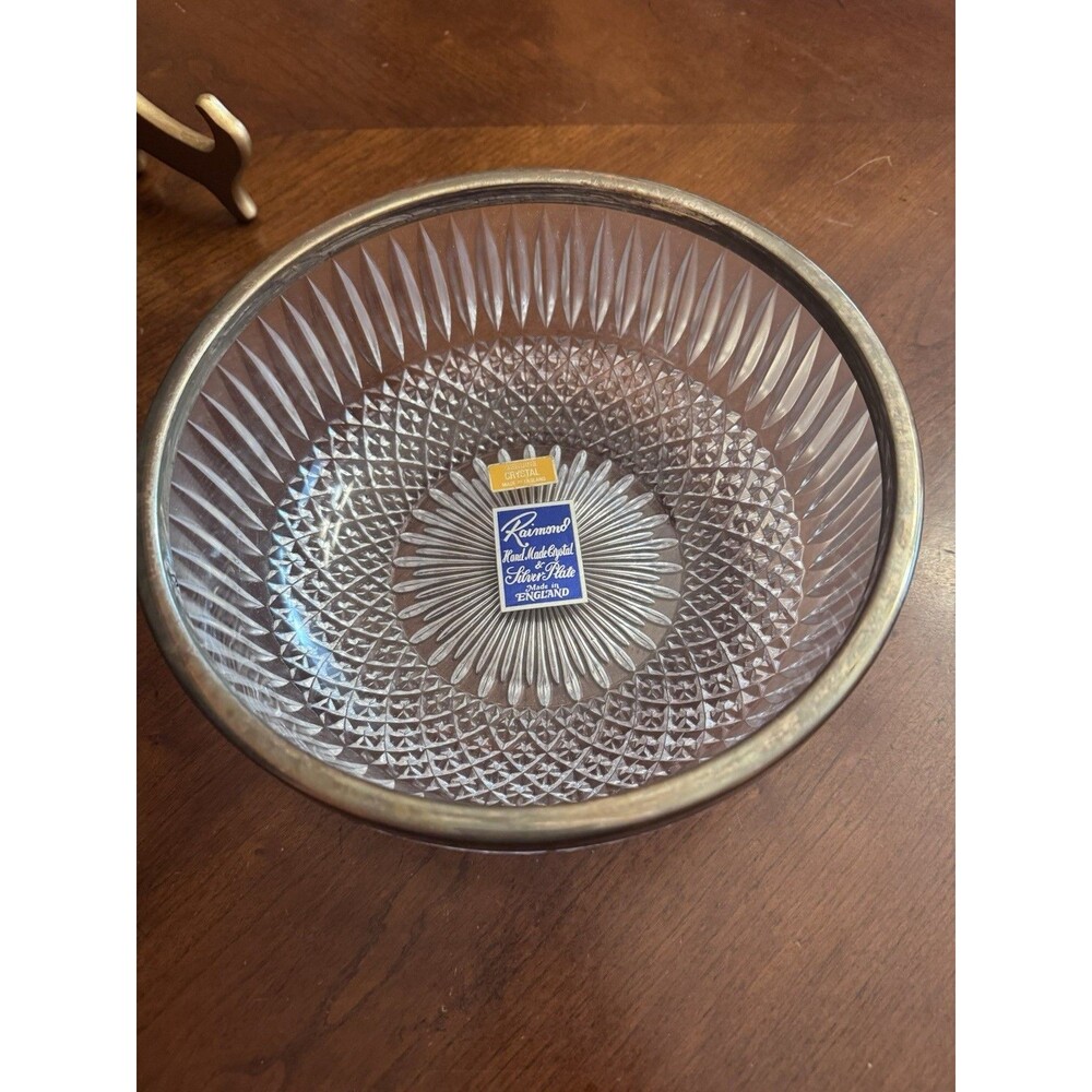 Raimond crystal & silverplate bowl, England, 9" diameter
